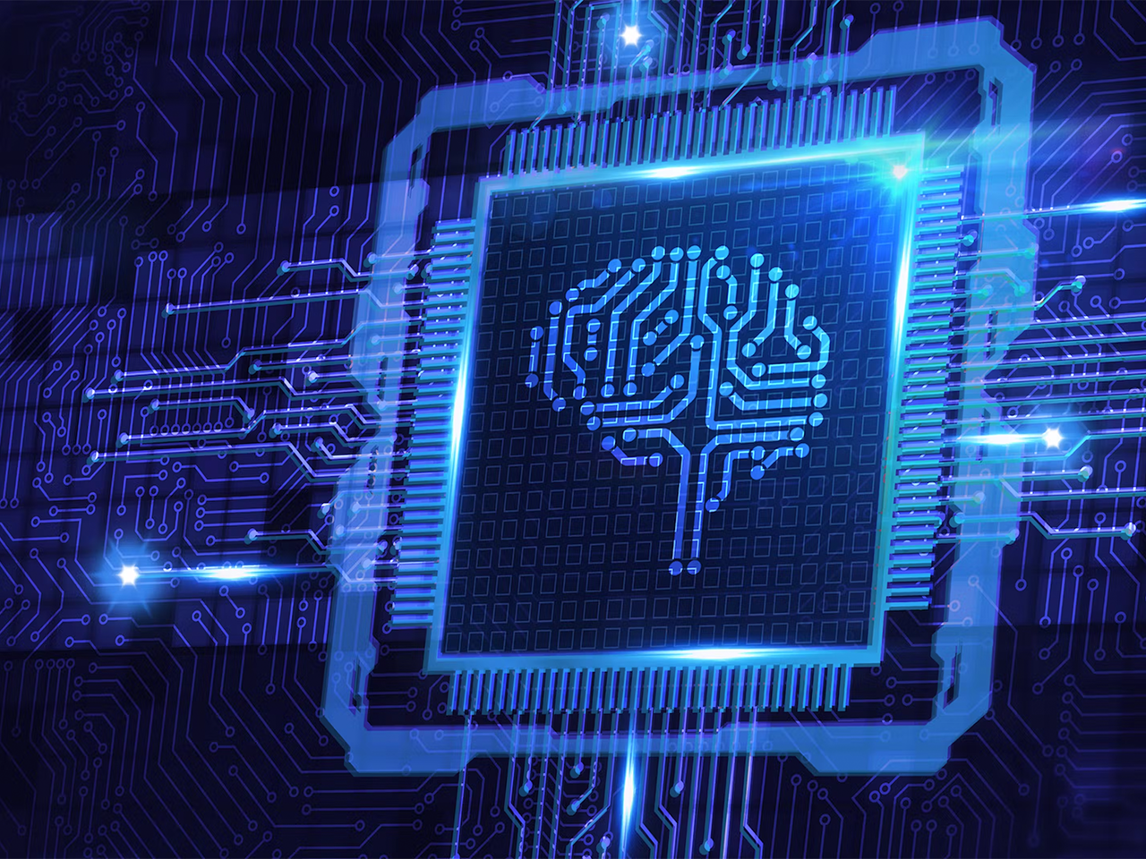 A graphic of a computer chip with a brain design
