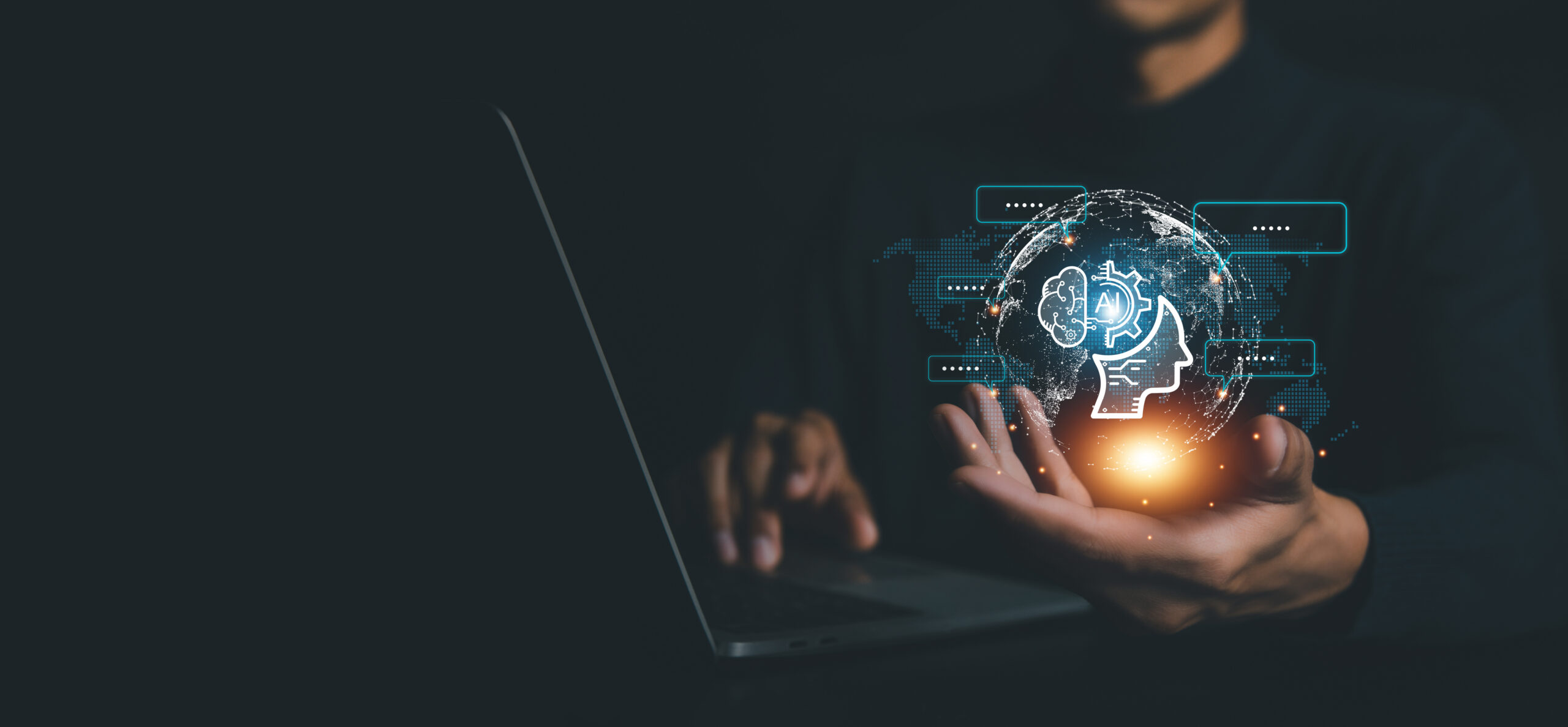 Conceptual illustration of Artificial Intelligence (AI) and global connectivity, showing a digital brain interface hovering over a user's hand.